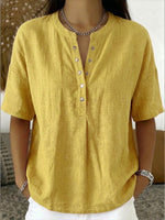 New Arrivals?? Women¡¯s Casual Henley Collar Linen And Cotton Short-sleeve Shirt