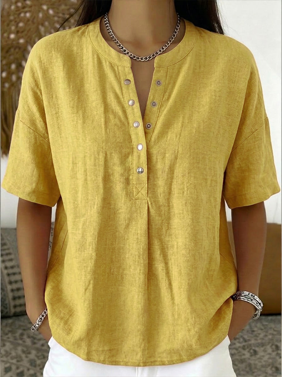 New Arrivals?? Women¡¯s Casual Henley Collar Linen And Cotton Short-sleeve Shirt