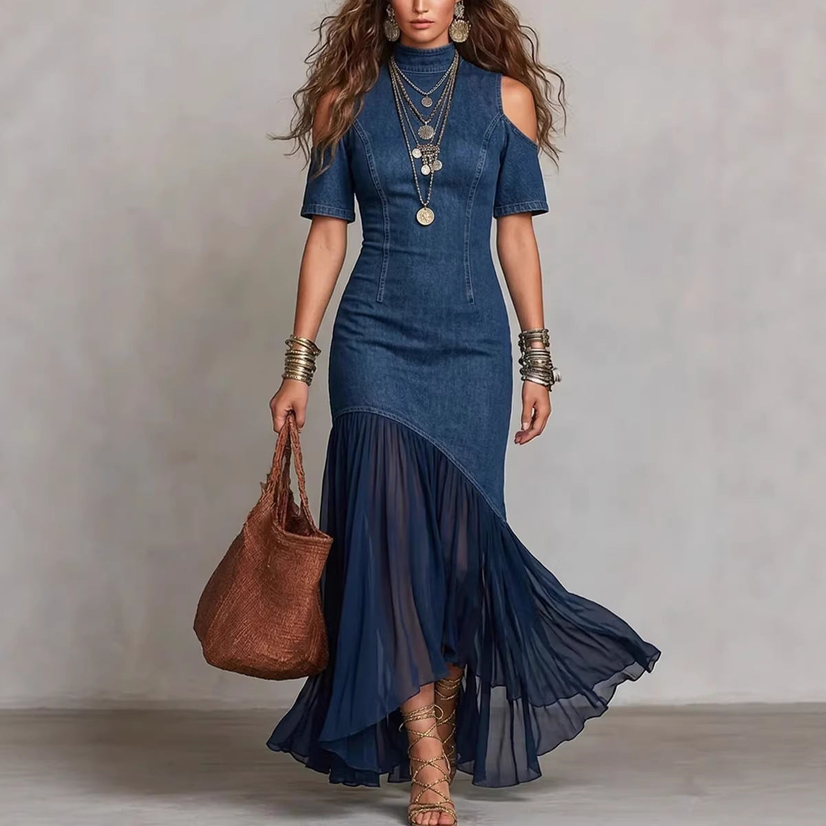 Off-Shoulder Mesh Hem Midi Dress ¨C Slim Fit Short Sleeve Dress