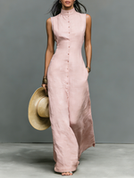 Women's Minimalist Linen-Blend Stand-Collar Single-Breasted Sleeveless Maxi Dress