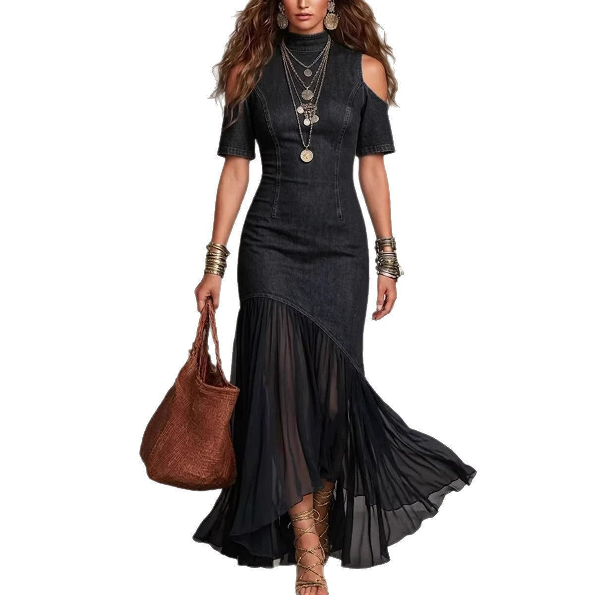 Off-Shoulder Mesh Hem Midi Dress ¨C Slim Fit Short Sleeve Dress