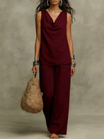 Effortless Drape Two-Piece Set - Sleeveless Cowl Neck Top & Wide Leg Pants