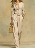 Classic Collared Belted Linen Blend Wide Leg Jumpsuit