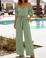 Women's Cold Shoulder Jumpsuit Gold Chain Lace Patchwork Overalls Tapered Leg Jumpsuits with Pockets & Belt