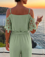 Women's Cold Shoulder Jumpsuit Gold Chain Lace Patchwork Overalls Tapered Leg Jumpsuits with Pockets & Belt