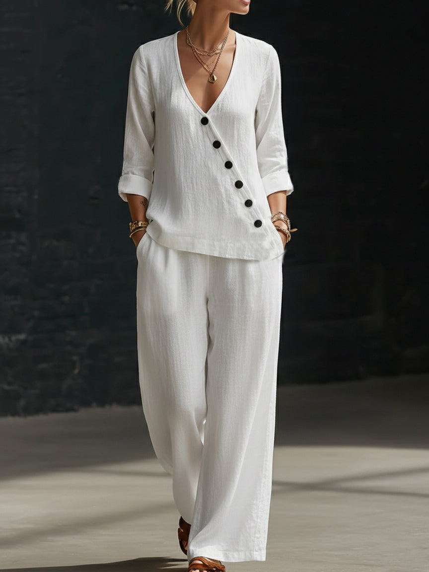 NEW??Minimalist V-neck Shirt And Wide-leg Pants Two-piece Set