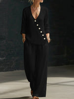 NEW??Minimalist V-neck Shirt And Wide-leg Pants Two-piece Set