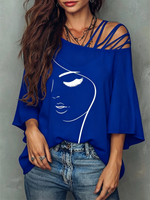 Abstract Face Line Art Crisscross Cold Shoulder Flare Sleeve Blouse