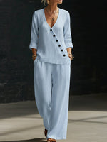 NEW??Minimalist V-neck Shirt And Wide-leg Pants Two-piece Set