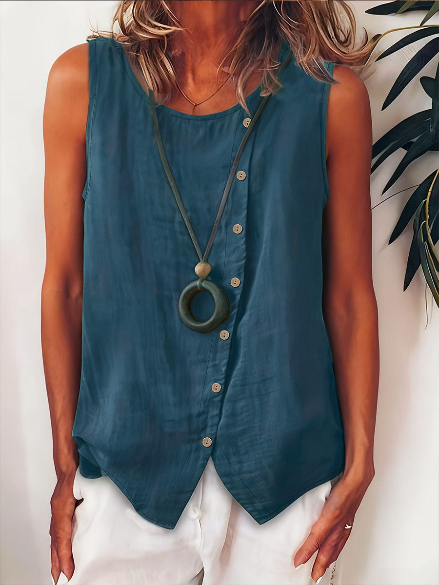 Women's Solid Color Round Neck Sleeveless Casual Loose Cotton-linen Top