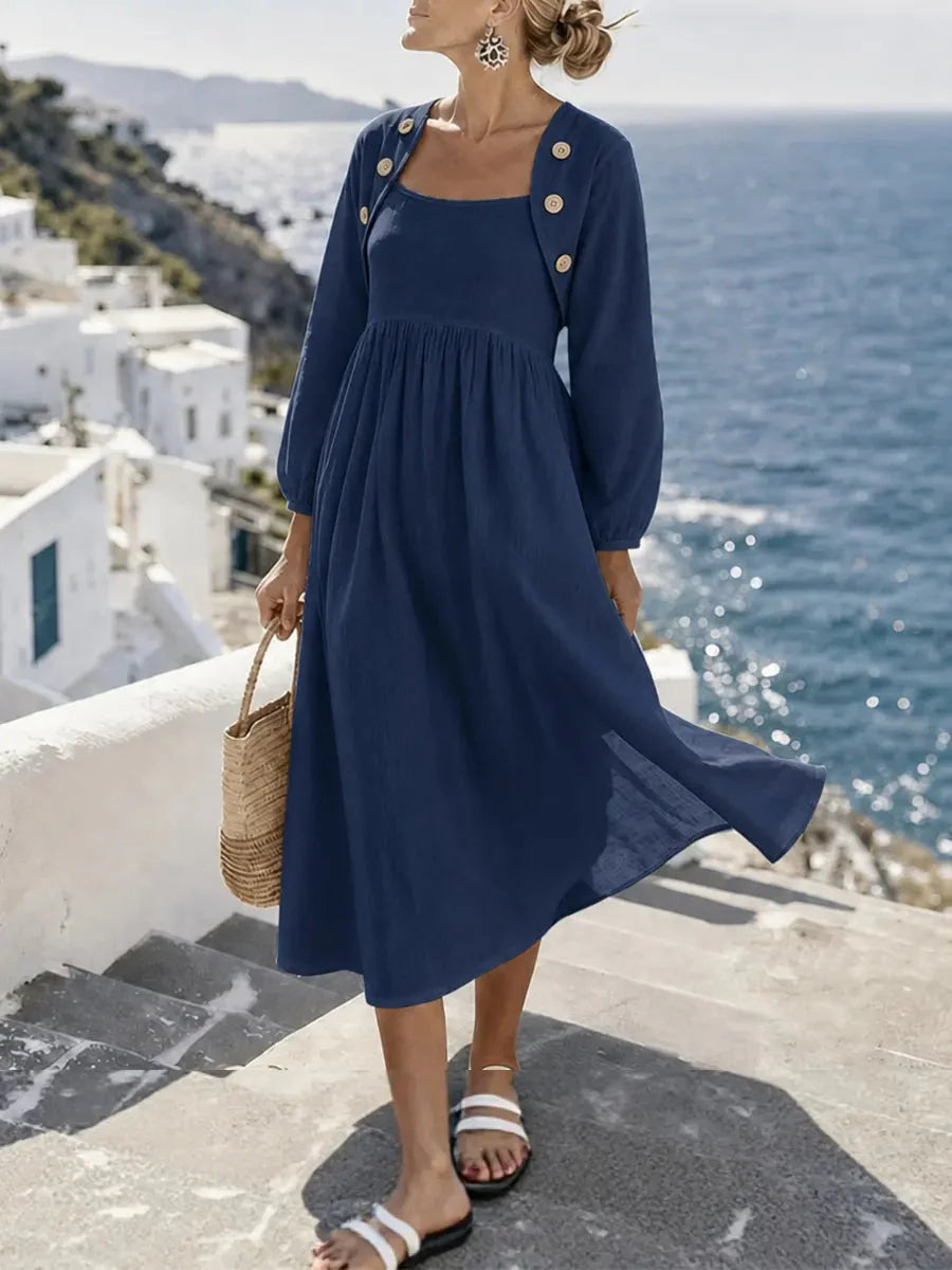 Sunny Coastal Linen-Blend Button-Detail Midi Dress