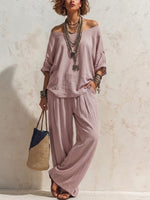Casual, Loose-fitting Linen Set With Three-quarter Sleeve Top And Wide-leg Trousers