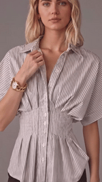 Striped Collared Flutter Sleeve Cinched Waist Peplum Shirt
