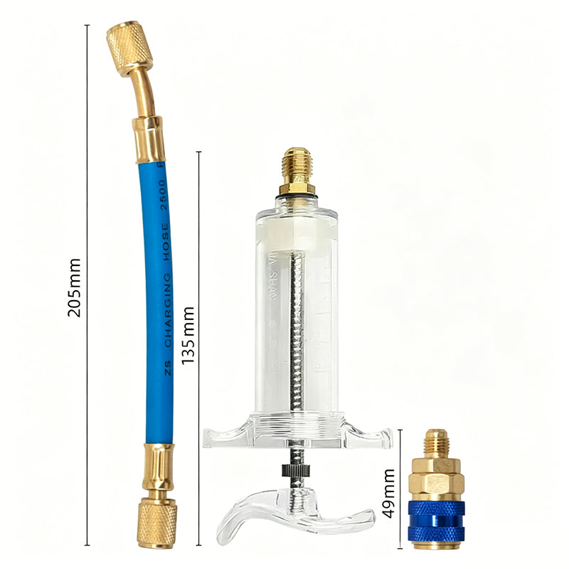 Dailyardtool® Precision AC Oil Dye Injector – Brass Construction, High Pressure Hose, Clear Barrel ✨