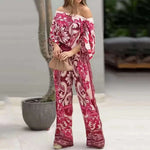 Women Two Piece Set Casual Fashion Printed One Shoulder Drawstring Shirring Ioose Top With Pocket Wide Leg Pants Set